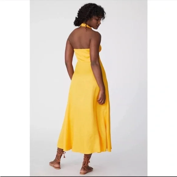Anthropologie Farm Rio Halter Cutouts Maxi Dress Back Open Yellow Size XS NWT Anthropologie Farm Rio Halter Cutouts Maxi Dress Back Open Yellow Size XS NWT